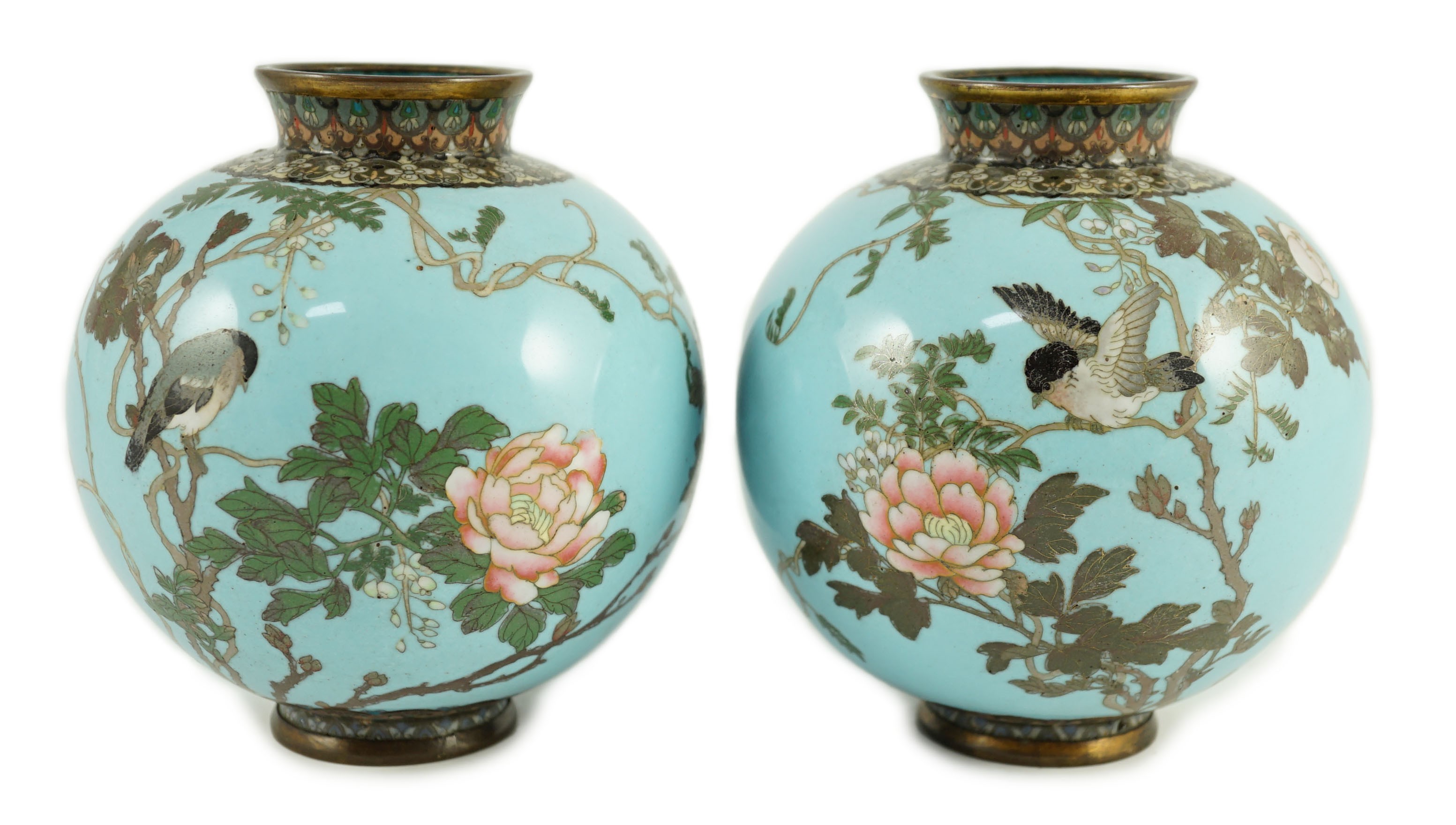 A pair of Japanese silver and copper wire cloisonné enamel vases, Meiji period, 14cm high